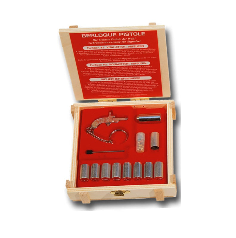 Berloque-Pistole - Vernickelt in Holzkasette
